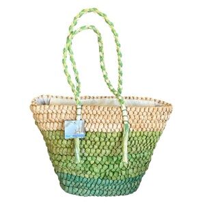 Cream Mint Green Seagrass Ombre Fringe Woven Tote Bag by Blue On Blue Large